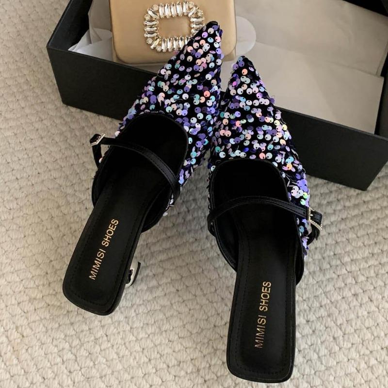 Luxury Colorful Bling Designer Slide Sandals Women 2025 Summer Sexy Pointed Toe Women Slippers Elegant Low Heeled Mules Loafers