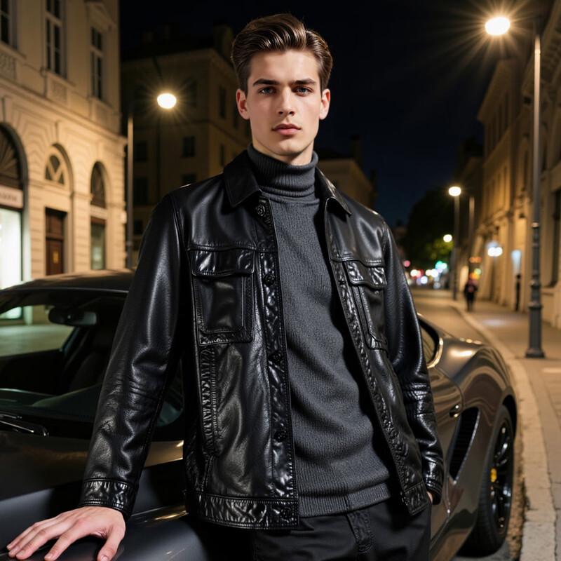 Futing Men's Biker Style Lapel Leather Jacket