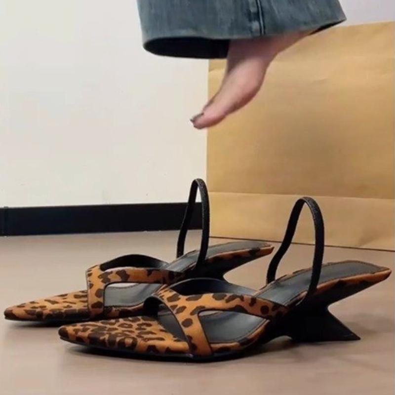 

Fashion Leopard High Heels Sandals Women Slippers Pointed Toe Summer Shoes 2025 Trend Brand Sexy Slingback Designer Woman Pumps Dress 35 коричневый