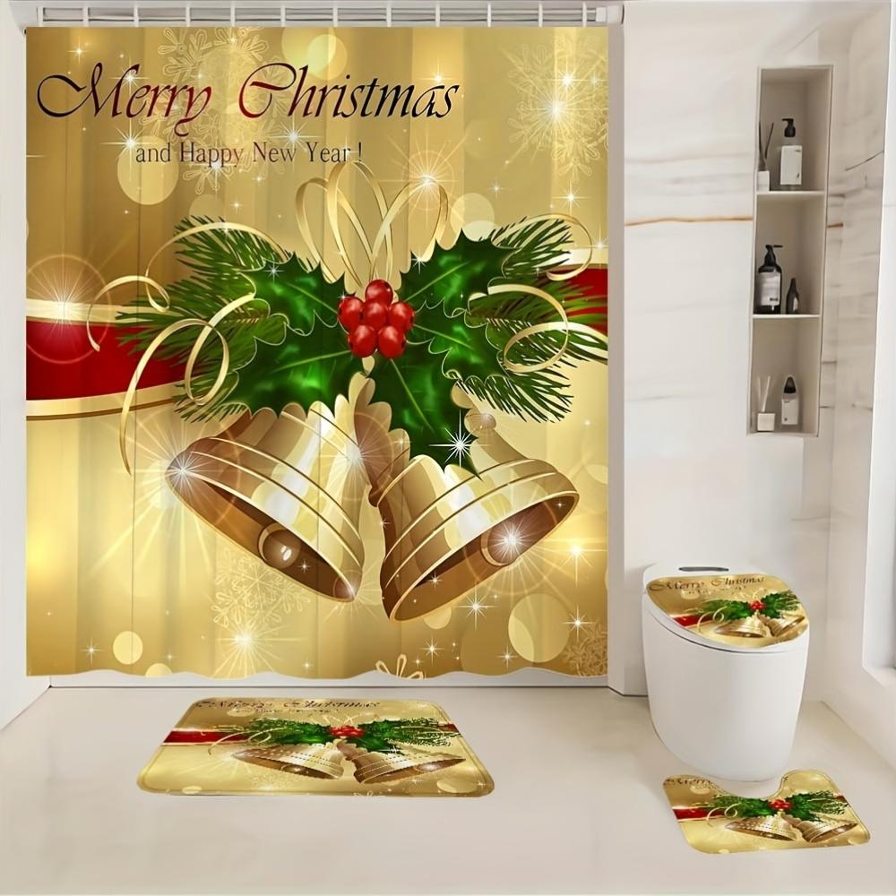 4Pcs Bathroom Shower Curtain Set Golden Christmas Bell Pattern Bathroom Curtain With 12 Hooks Non Slip Rugs Toilet Cover Mat Bathroom Partition