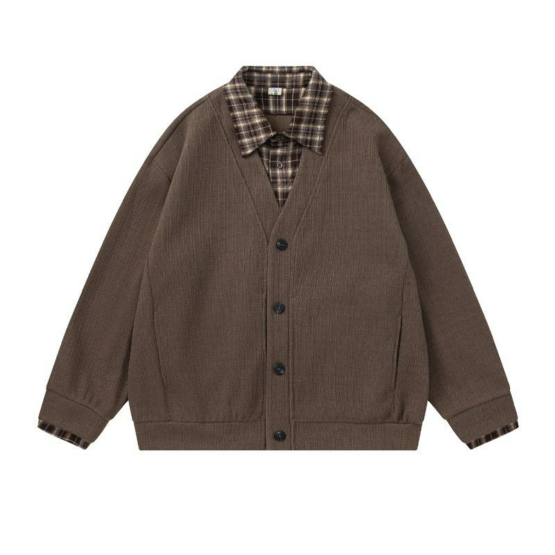 Top-Rated Unisex Korean Patchwork Cardigan: Two-Piece Look, Knit Sweater for Spring & Autumn