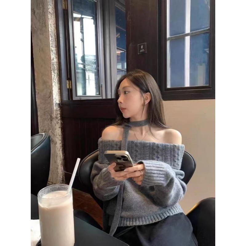 Fashion Elegant Off Shoulder Knitted Pullover Women Sweater Korean Style One-word Shoulder Casual Simple Tops Autumn Winter Loose Outer Top Clothing