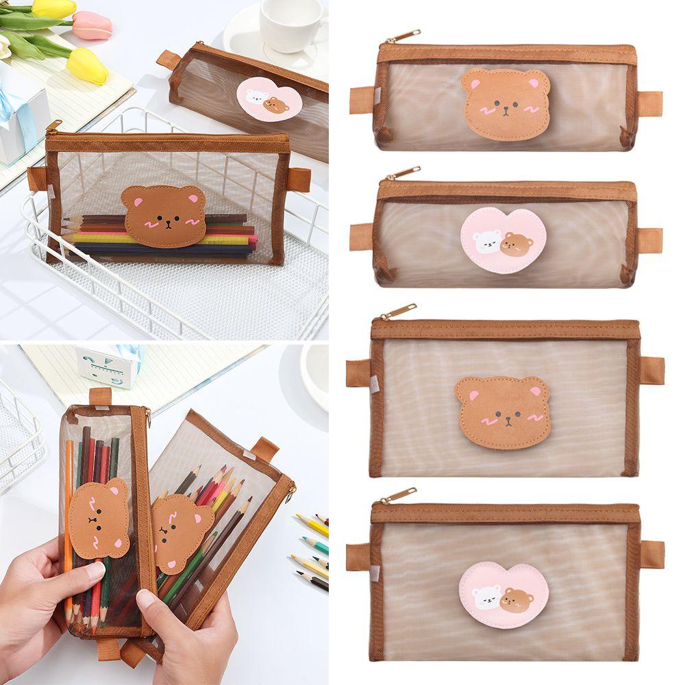 

Симпатичный медведь коричневая сумка для хранения Студенческая сумка для карандашей большой емкости Сетчатый пенал Мешочки Канцелярские товары
