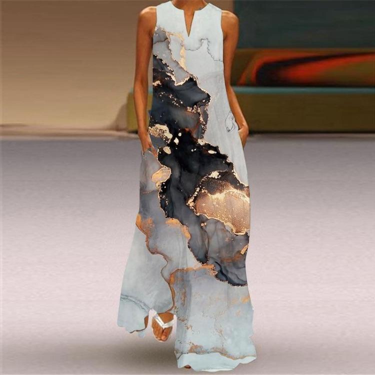 

Модное платье с длинной юбкой с принтом 2024 года для женщин, весна-лето, европейский американский стиль, с карманами XL