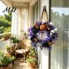 Front Door Garland for Halloween Wreaths Door, Skull Pumpkin Wreath with Berries, Black Horror Theme Party Supplies Roses, Purple Leaves Doors, Porch,