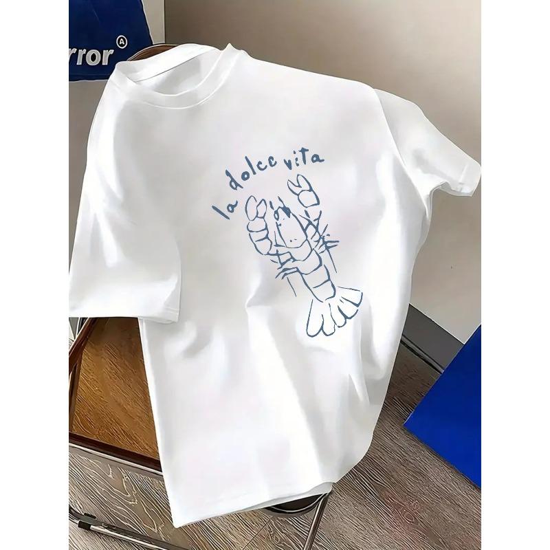 European Size Plus Size Men'S T-Shirt La Vita Style Lobster Print Round Neck Short Sleeve T-Shirt Comfortable Casual Short-Sleeved T-Shirt for Summer