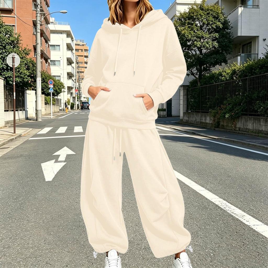 Women Casual Two Piece Set Hoodie Sweatshirt and Wide Leg Pants Drawstring Waist Relaxed Fit Lounge Outfit for Everyday Wear
