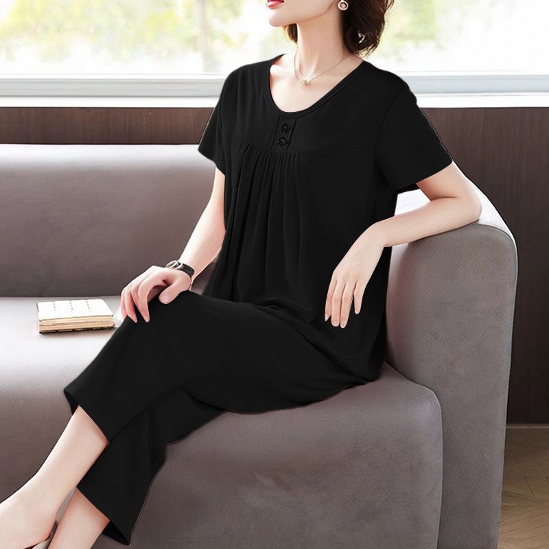 Summer Plus Size Women's Fashion Casual Commute Home Wear Set Short Sleeve Seven-Piece Pants Two-Piece Set