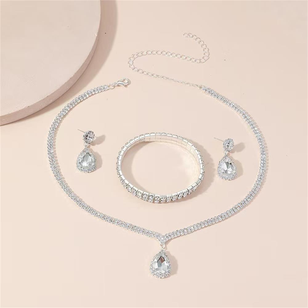 Women's Sparkling Diamond Jewelry Set: Crystal Drop Necklace, Earrings, and Bracelet Trio