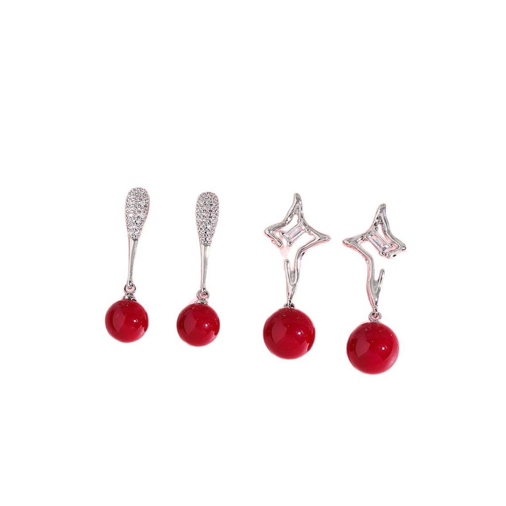 Real Gold-Plated Star Red Pearl Earrings, Light Luxury, Full Diamond Water Drop, Niche Design, Versatile for Women