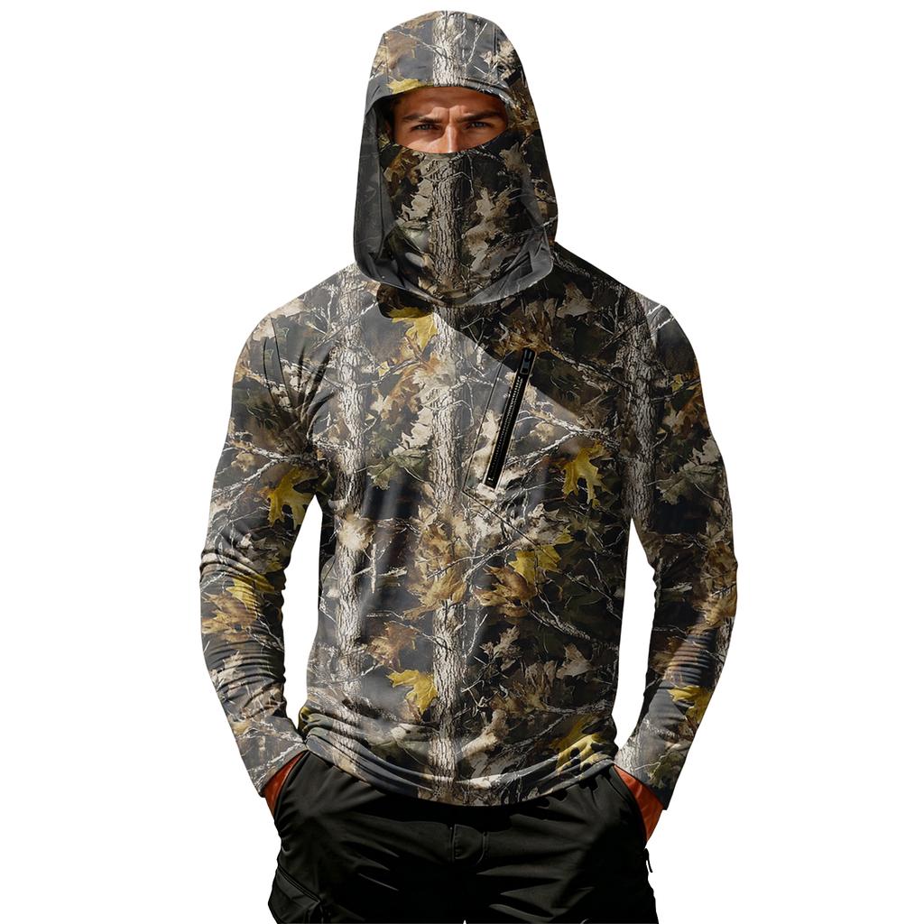 Men Long Sleeve Hooded Pullover with Chest Zipper Pocket Lightweight Printed Outdoor Sportswear Top