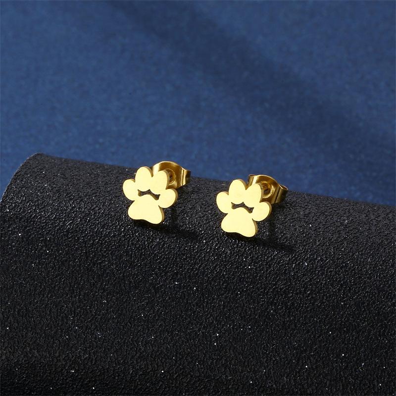 Gold Color Cute Animal Footprints Earrings Set Dog Cat Footprints Paw Necklaces Pendants Women Stainless Steel Zircon TZ329