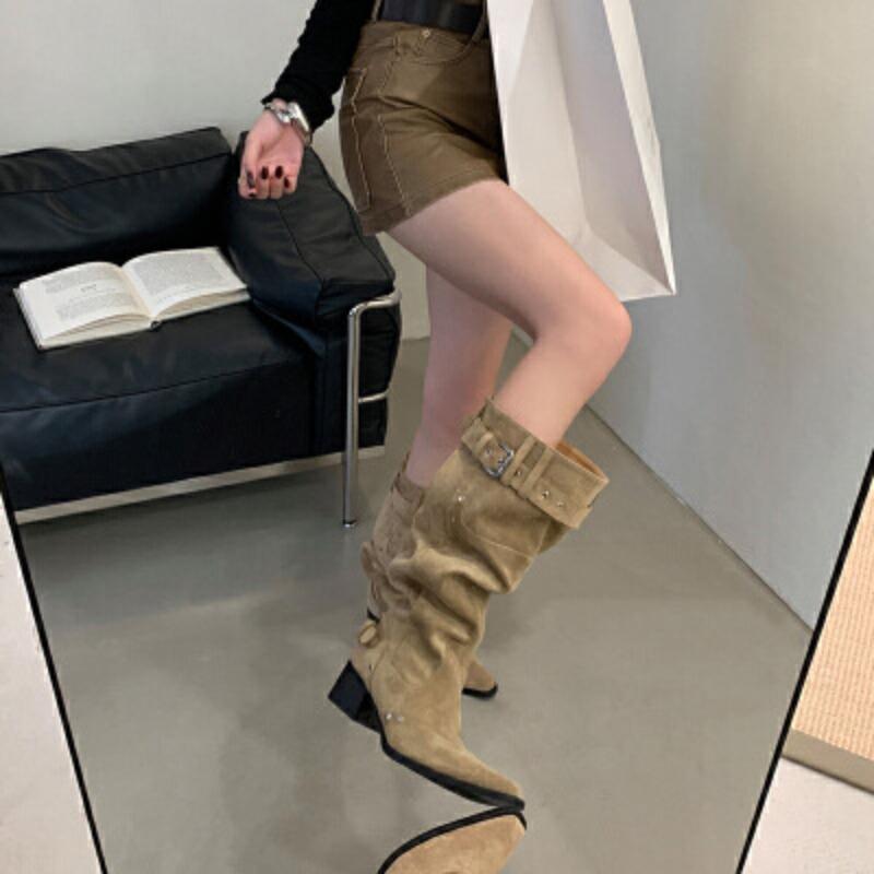 Pile boots autumn and winter thin sleeve western boots retro pointed big tube circumference high heel boots long boots women