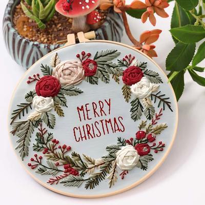Merry Christmas Handmade Embroidery Kit for Beginners with Cotton Threads Needles Hoop and Pattern for Custom Art