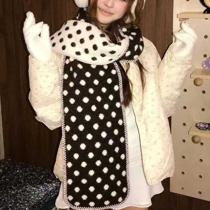 Korean Style Color-Block Polka Dot Double-Sided Scarf For Women Fashion Warm Thickened Furry Knitted Scarfves