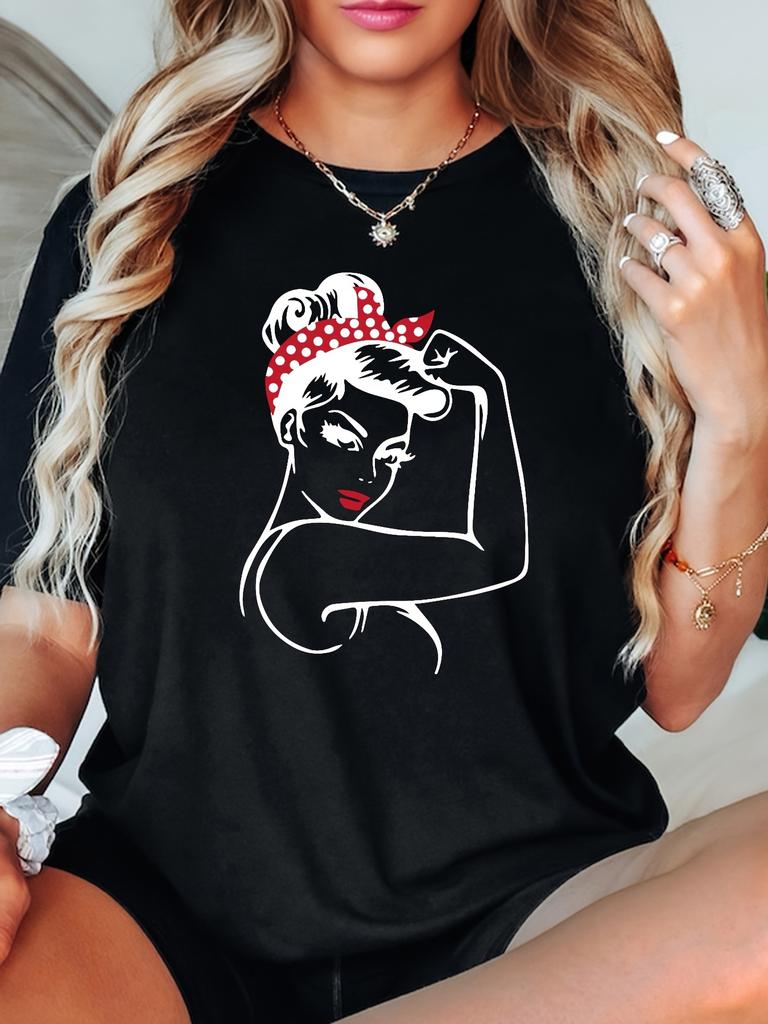 Powerful and Strong Girl Printed Tshirt Summer Womens Top Casual Short Sleeve Round Neck Printed Summer Clothing