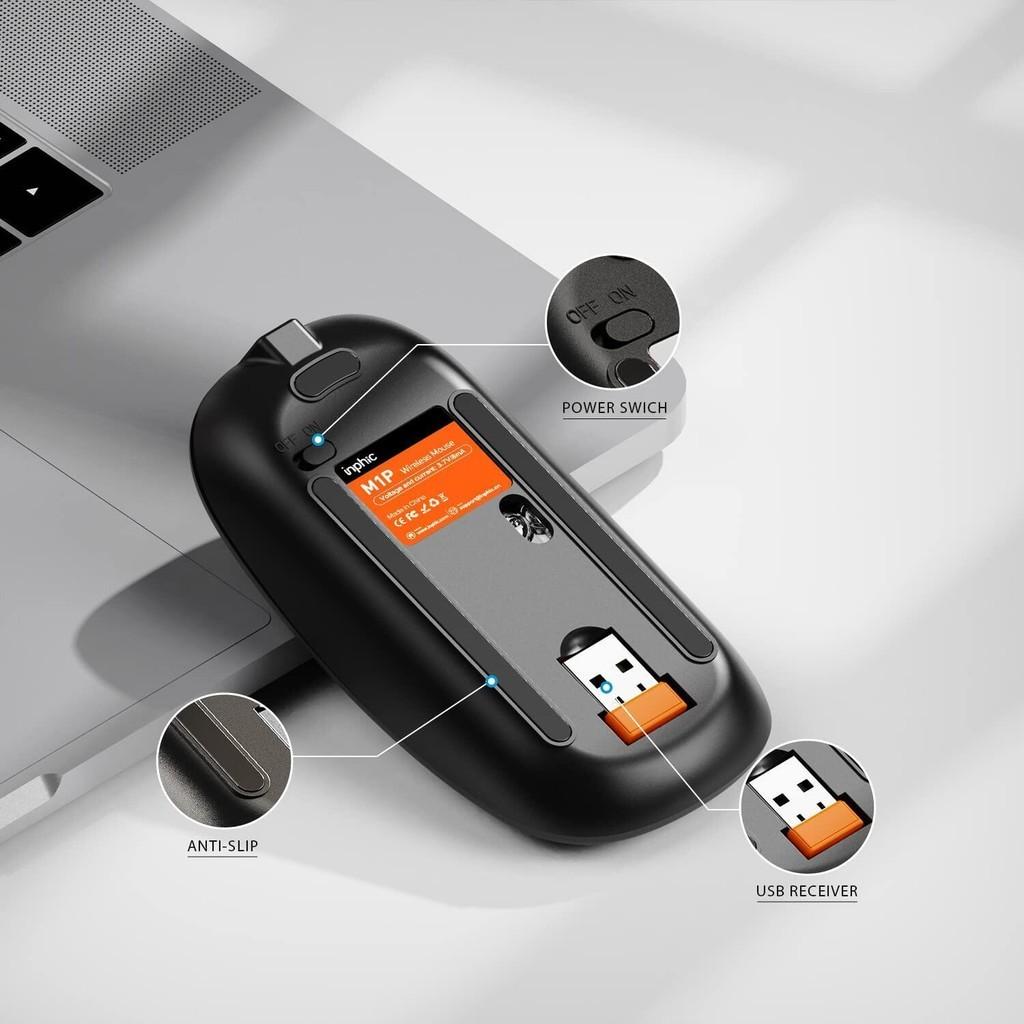 INPHIC M1P Wireless Mouse Rechargeable 1600Dpi Ultra Slim Mute Mouse 2.4G + Dual Mode Bluetooth Mouse for iPad Tablets Laptop LED Power Display