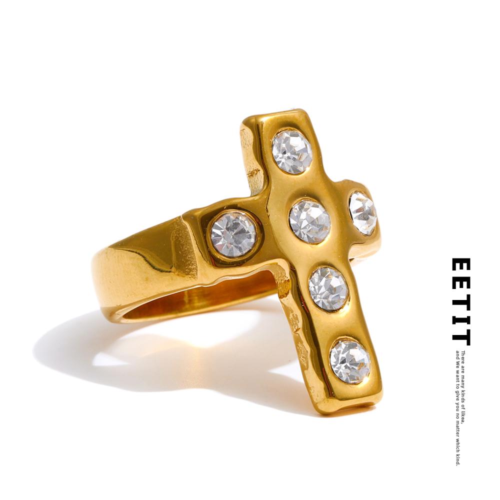 Eetit Size 7 Shiny Cubic Zirconia Cross Fashion Casting Ring for Women Golden PVD Stainless Steel Premium Jewelry Rust Proof