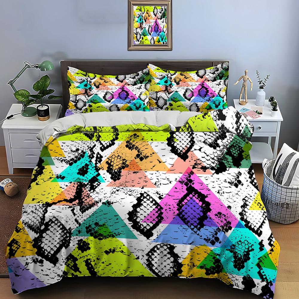 Colorful Triangles With Snake Texture Bedding Set For Kids Luxury Gift 3Pcs Digital Print Comforter Set Soft Comfortable