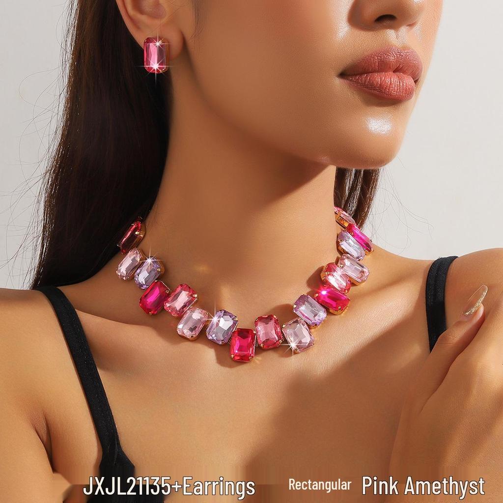 Collar de Cristal Rosa Colorido con Diamantes Completos - Estilo Europeo y Americano