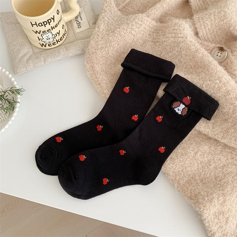 Cute Cartoon Embroidered Socks with Unique Flanges, Trendy Female Dachshund, Pure Cotton Butterfly Mid-calf Pile Socks