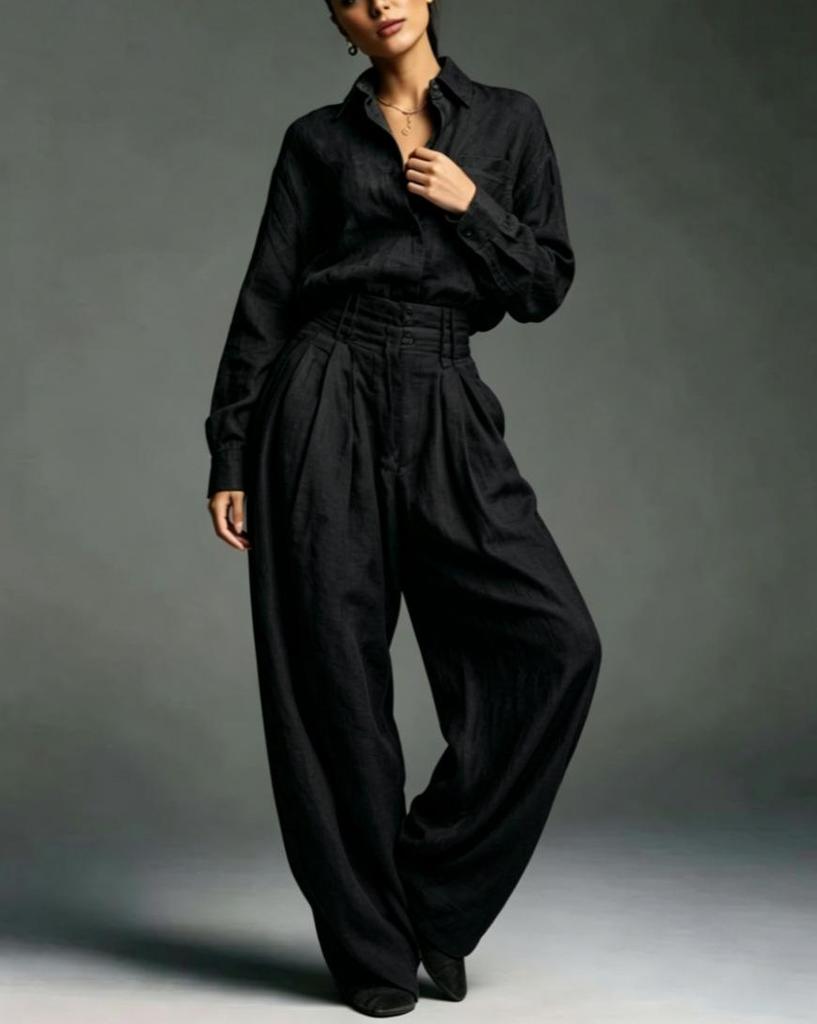 European Solid Color Shirt & Wide-Leg Pants Set - Women's Loose High-Waisted Fashion Two-Piece 2026 Collection