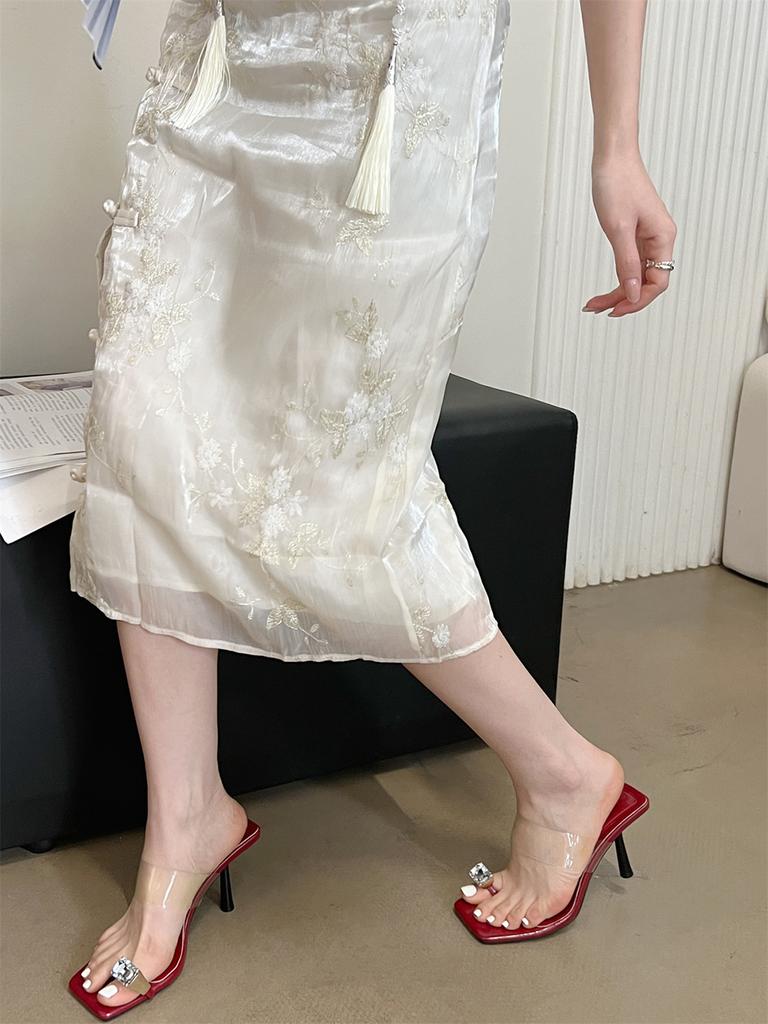 fashion Silver/Gold/Black/Red Women Slides Slippers Clip Toe Summer Casual Dress Shoes Thin High Heels Crystal Party Pumps Stiletto Heel