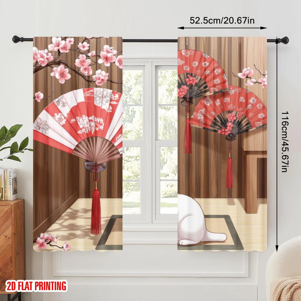 2 Stück, 2D-Flachdruck Fenster Vorhang Kirschblütenfächer Vielseitiges Polyester (ohne Stange) Geschenke Verwendung für Schlafzimmer Wohnzimmer