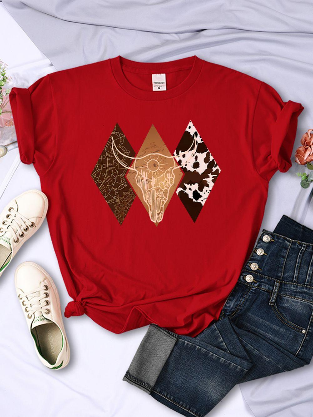 Кавайные женские футболки Ковбойский стиль Принт Короткий рукав Дышащие Круглый вырез Мягкие футболки Летняя уличная женская одежда S