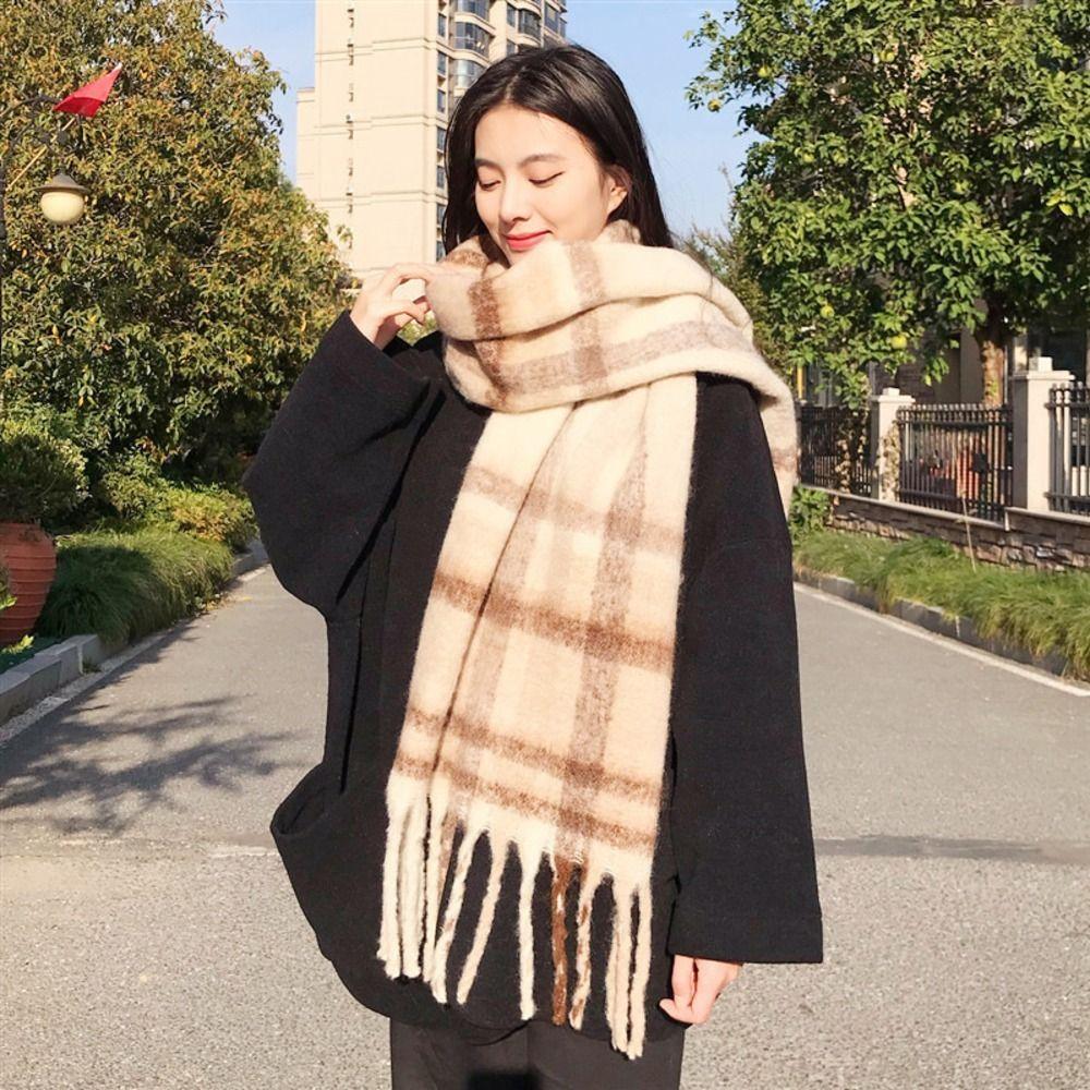 Cold Proof Women Mohair Plaid Scarf Thermal Fall Winter Neck Scarf Warm Tassel Shawl Wrap Students