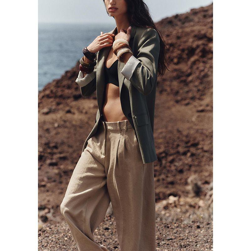 Spring New Women's Clothing with Padded Shoulder Print Cuff Linen Blended Casual Suit Jacket 2686709