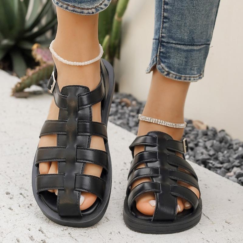 Large size woven one-word buckle belt hollow flat sandals summer new comfortable versatile Roman sandals
