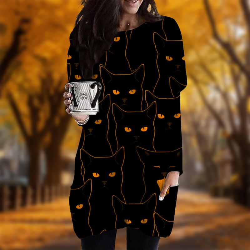 

Новинка осени Холодное сердце Кошка Принт Плюс Размер Платье Женщин О-образным Вырезом Длинные Рукава Повседневные Карманные Платья 8XL