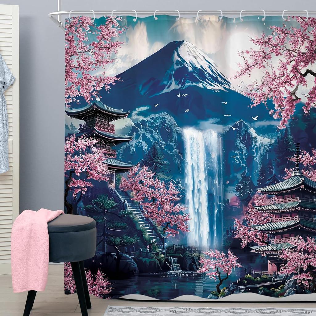 Japanese Shower Curtain Asian Anime Cherry Blossom Mountain Waterfall Moon Nature Bathroom Curtain Set Aesthetic Bath Curtain