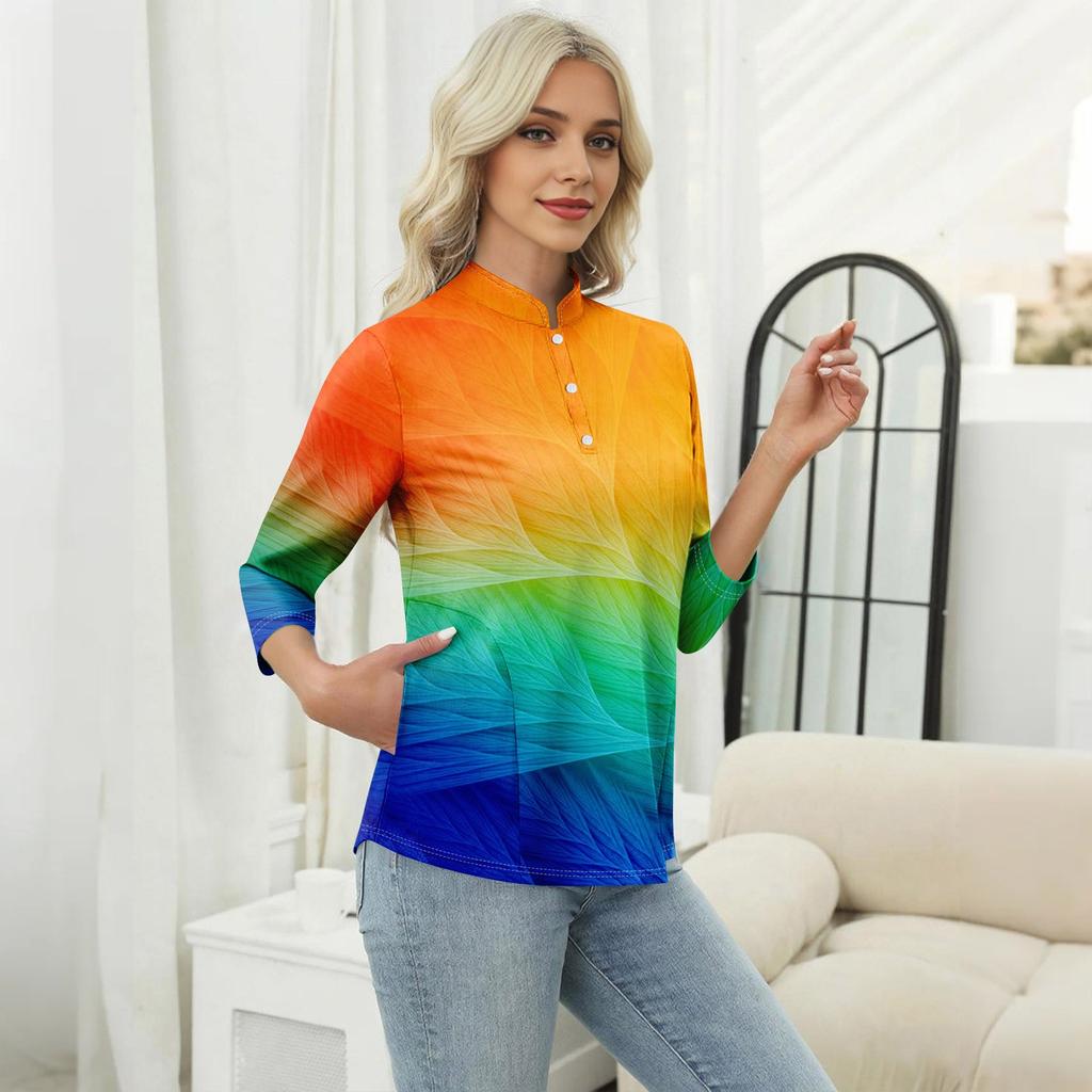Haut T-shirt Décontracté pour Femme à Imprimé Floral, Col en V, Manches 3/4, Bouton Décoratif