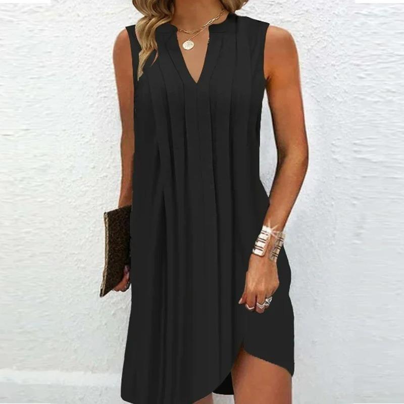 Abstracte rimpelprintjurk, casual V-hals mouwloze jurk, dameskleding