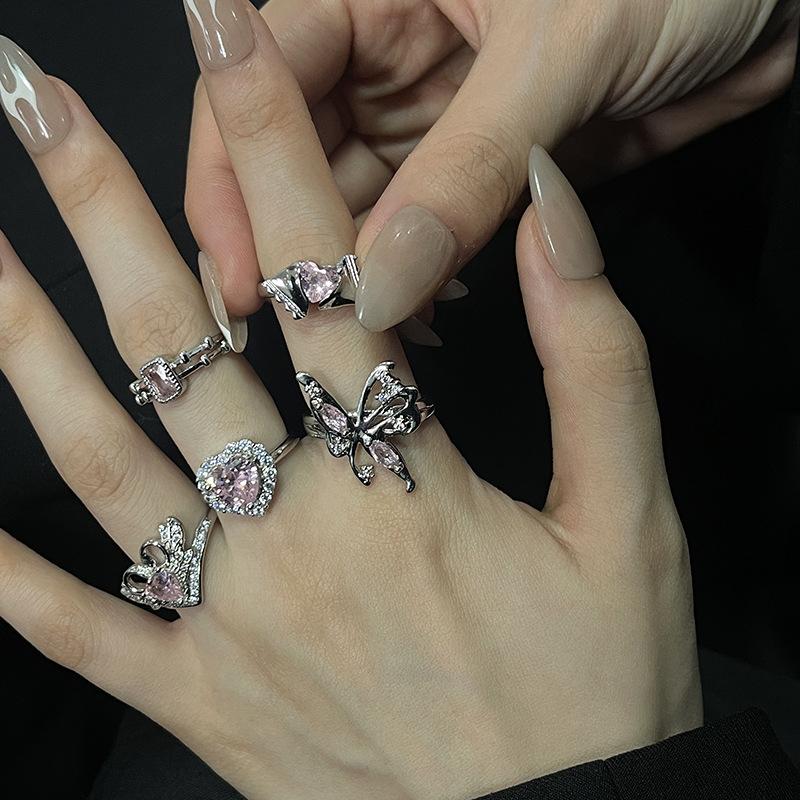 Sweet And Cool Pink Love Full Of Diamonds Zircon Butterfly Open Ring Candy Light Luxury Niche Design Advanced Sense Index Finger Ring