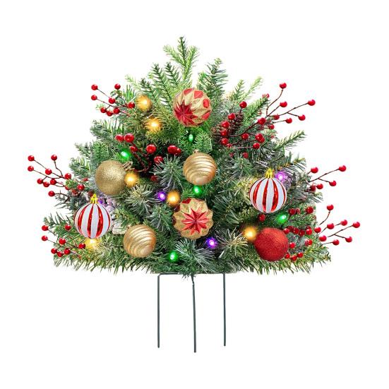 Lighted Artificial Christmas Urn Filler Battery Powered Pre-lit Xmas Pine Trees with LED Lights And Tripod Stake Holiday Planter Filler