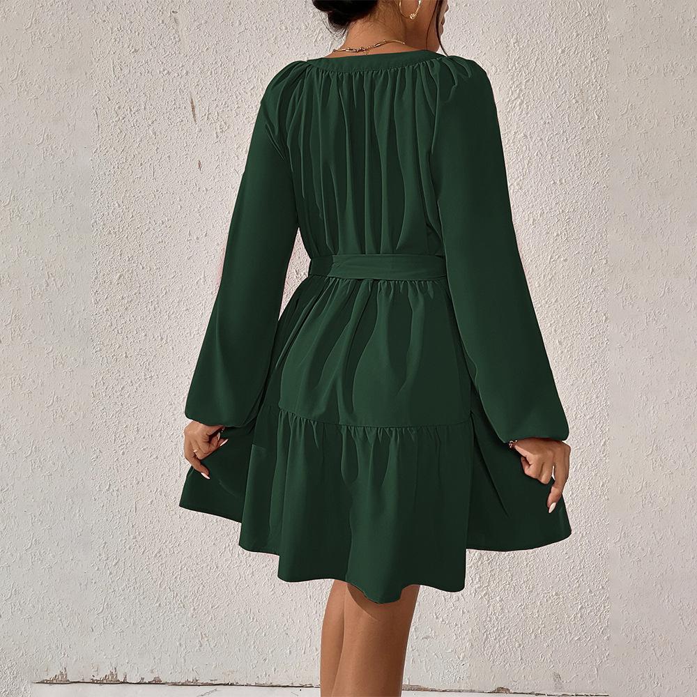 European and American Women's Clothing Spring and Summer Loose Casual Waist Temperament Long-sleeved Ruffle Edge Dress