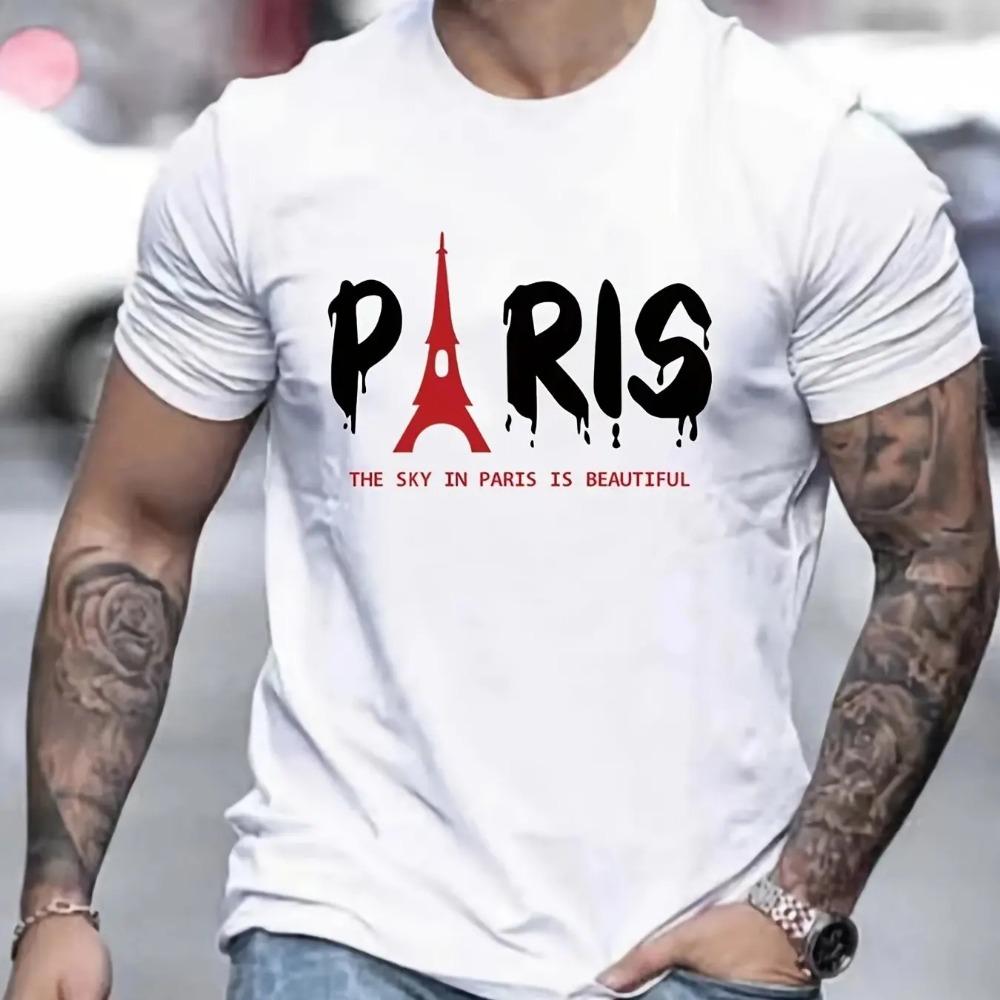 Men's Summer Eiffel Tower Printed 100% Cotton Large Loose Round Neck Short Sleeve T-shirt Top  fashion casual