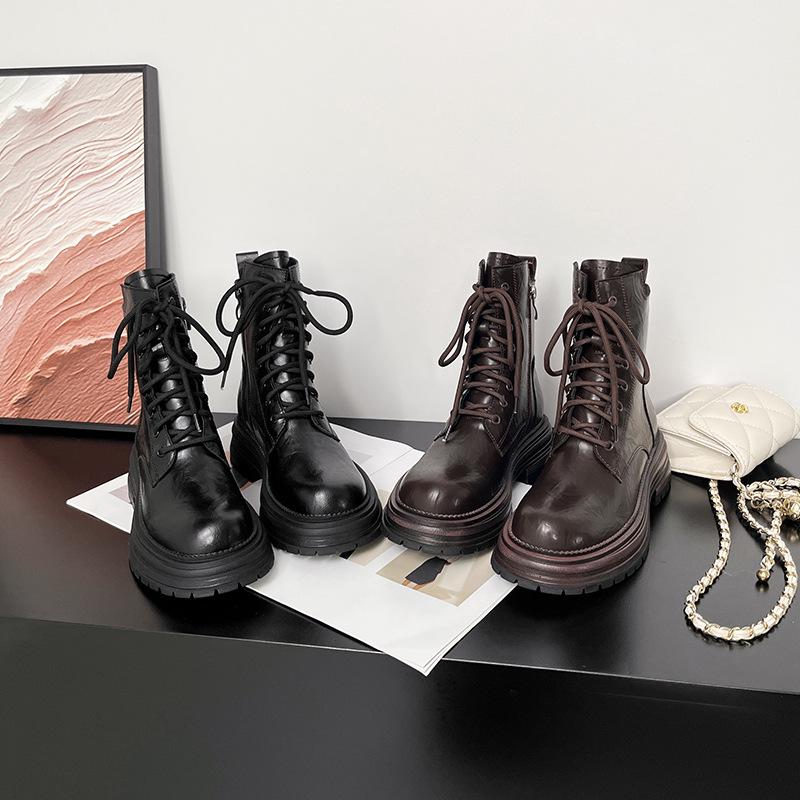 Thick-Soled Melard Women's British-Style Lace-Up Martin Boots, 2025 Round-Toe Chunky Heel Mid-Calf Short Boots