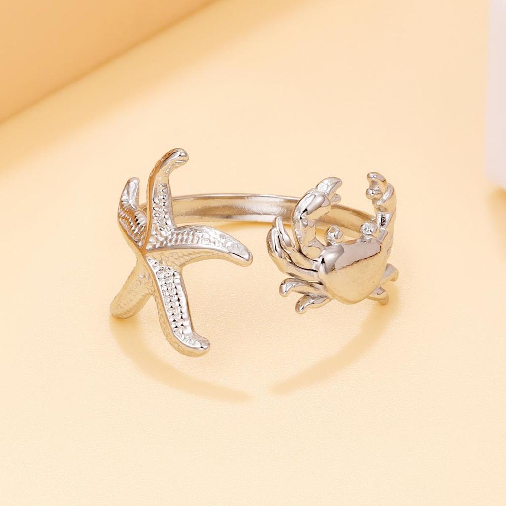European & American 18K Gold-Plated Stainless Steel Starfish & Crab Resort Ring