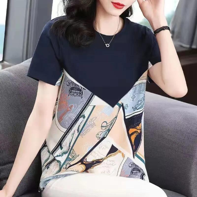Chiffon Splicing Pure Cotton Short-sleeved T-shirt for Women Summer New Style Large Size Mid-length Loose Top