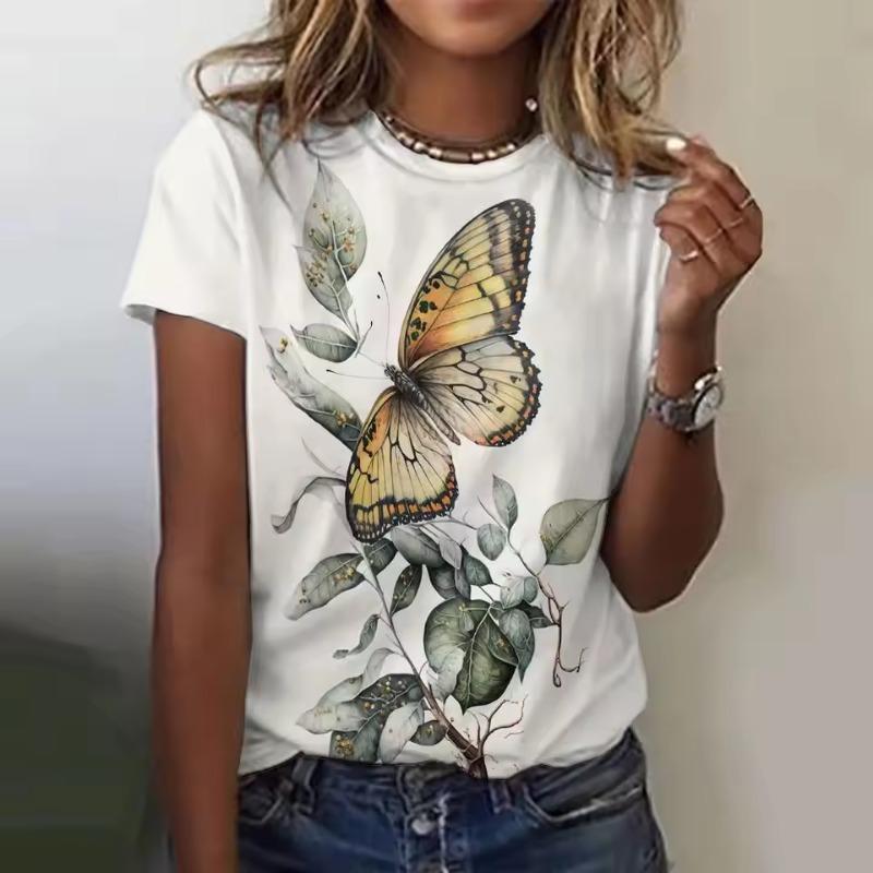 Women's T-Shirt Butterfly Graphic Print Summer Short Sleeve Casual Tops Street Fashion O Neck T-Shirt Oversized Female Clothing