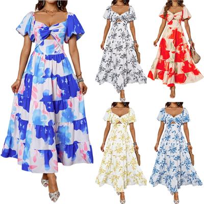 Women's Fashionable V Neck Floral Print Hollowed  Bubble Short Sleeved Dress With Temperament