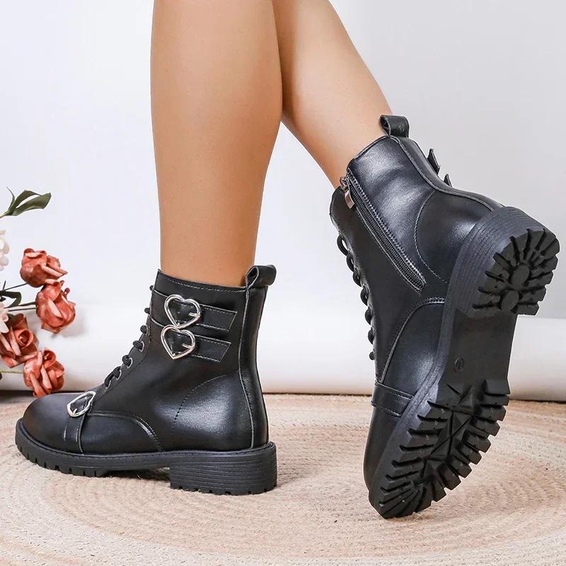 Fashion Women's Solid Lace Up Fashion Boots 2024 Autumn Heart Buckle Thick Heel Short Boots Pu Leather Side Zip Square Heel Women Boots