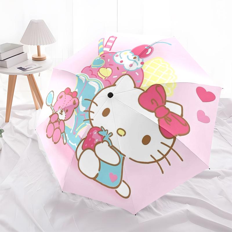 1pc Hello Kitty Ice Cream Sundae with Pink Bow Automatic Opening Umbrella, Portable Folding Design, 8-Bone Iron Frame Outdoor Umbrella, Perfect Gift f