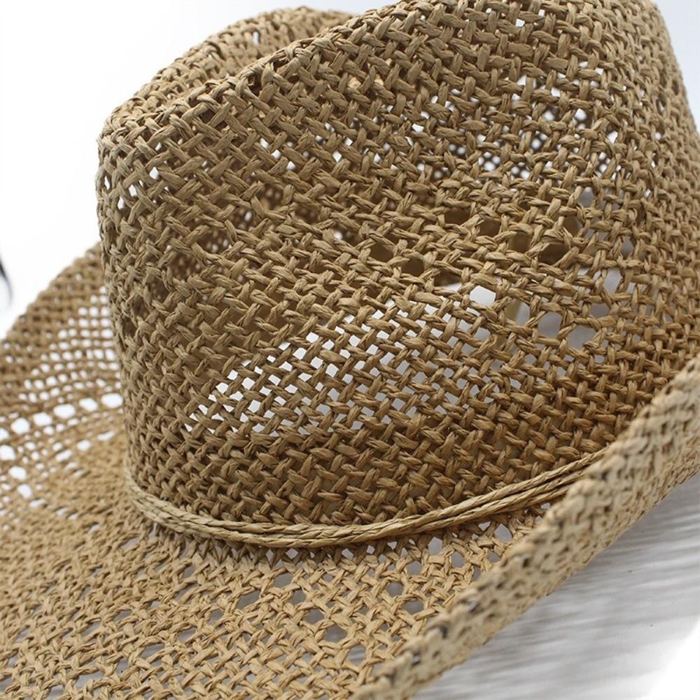 Curved Brim Sun Hat Hand-Weave Panama Hat Retro Straw Cowboy Hat  Beach Travel