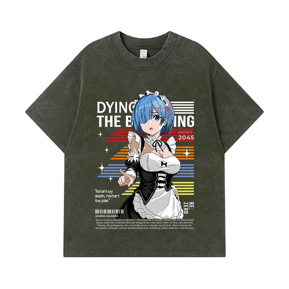 

275 GSM Washed T-shirts 100% Cotton ReZero V2 Rem Print Unisex Heavy Cotton T Shirt S армия зеленый