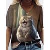 Women's V-neck Short-sleeved T-shirt with Cute Kitten Print